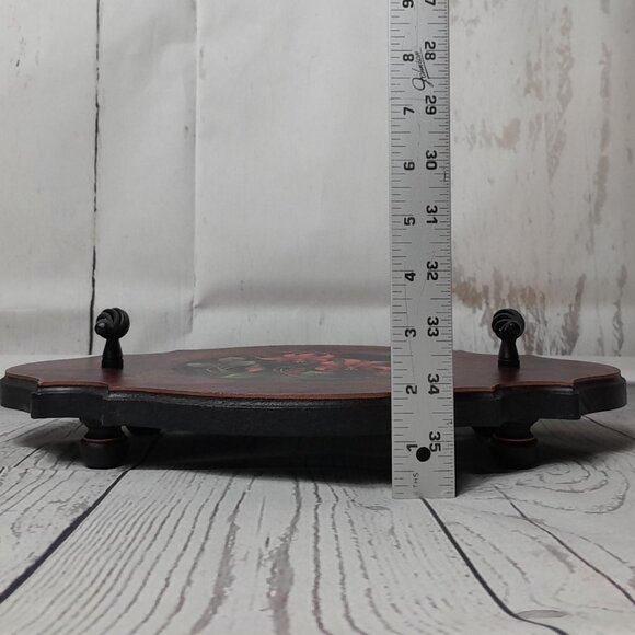 Wood Tray Hand Painted Floral Metal Handles Footed Artist Signed - Picture 9 of 11